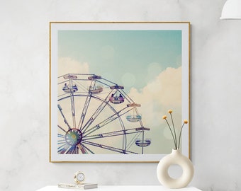 Carnival Nursery Art, Playroom Decor, Pastel Wall Art, Aqua Photograph, Ferris Wheel Photo, Whimsical Wall Art, Children's Wall Art, Bokeh