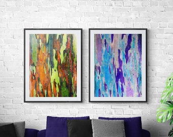 Eucalyptus Bark Abstract Photographs, Set of 2 Prints, Colorful Art, Bright Bold Colors, Green Orange Purple Blue, Peeling Paint Photo