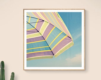 Beach Umbrella Photo, Beach House Decor, Nursery Wall Art, Blue Purple Green Yellow, Pastel Photo Print, Summer Photograph, Beach Photograph