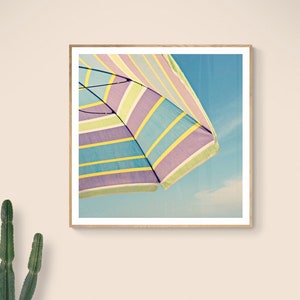 Beach Umbrella Photo, Beach House Decor, Nursery Wall Art, Blue Purple Green Yellow, Pastel Photo Print, Summer Photograph, Beach Photograph image 1