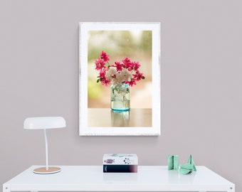 Azaleas in Mason Jar Photo, Flowers in Mason Jar, Still Life Photograph, Magenta Aqua Art, Azalea Photograph, Mason Jar Photo Print