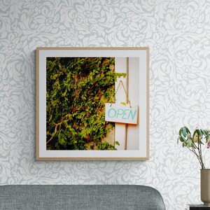 Open Sign Photo, Welcome Sign, Green Ivy Photo, Turquoise Green Art, Green Aqua White Art, Inspiring Wall Art, Charming Wall Art