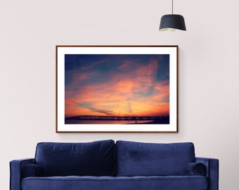 Beach Sunset Photo, Ocean Springs Sunset, Front Beach Photo, Mississippi Coast, Beautiful Sky Photograph, Biloxi Bridge Photo, Skyscape Art