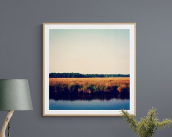 Fort Bayou Photo, Horizon Photo, Mississippi Gulf Coast Wall Art, Dark Green Blue Tan, Swamp Photo, Ocean Springs Photo, Tan Blue Green Art