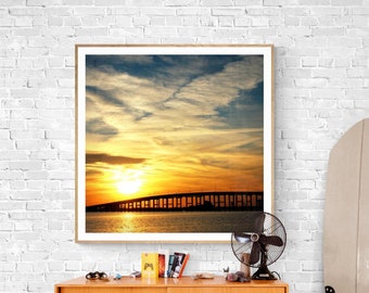 Gulf Coast Sunset Photo, Ocean Springs Sunset Photo, Biloxi Bridge Photo, Bold Wall Art, Coastal Photograph, Mississippi Gulf Coast Wall Art