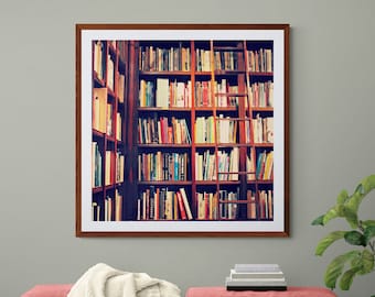 Library Ladder Photo, Bookshelves Photo, Gift for Bibliophile, Colorful Photograph, Dream Library, Book Lover Gift, Library Photograph