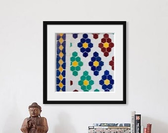 Moroccan Tile Art Print: Marrakech Mosaic Photo, Bold Blue Wall Decor