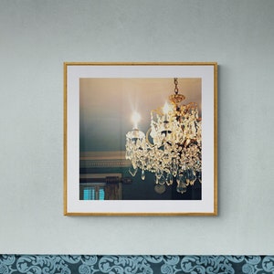 Crystal Chandelier Photo, Teal Gold White Art, Interior Design Art, Chandelier Wall Art, Square Photo Print, Antebellum Home, Light Fixture image 1