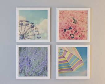 Girl's Nursery Decor, Pastel Photo Set, Square Photo Set, Nursery Gallery Wall, Aqua Pink Purple, Ferris Wheel Photo, Floral Photograph,