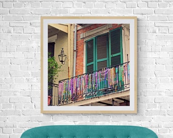Balcony with Beads, Mardi Gras Beads Photo, New Orleans Architecture, Royal Street Photo, French Quarter Photo, Colorful Wall Decor, Square