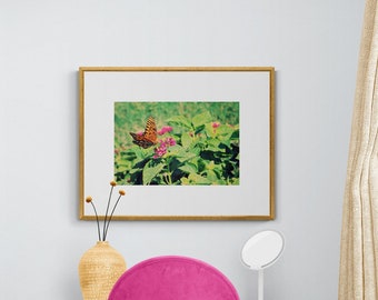 Pink Orange Green Photo, Butterfly Print, Butterfly Photo, Bright Wall Art, Pink Flower Photo, Spring Plant Photo, Lantana Photo, Botanical