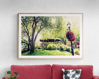 Gazebo Wall Art, Old Saint Charles Print, Gazebo Photograph, Kister Park Photo, Tree Photograph, Green Wall Art, Red Flowers Art, Garden Art