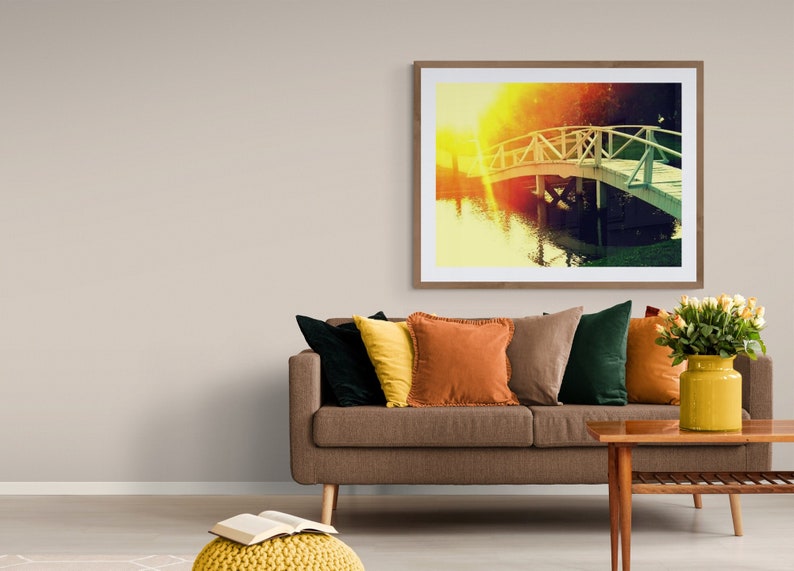 Inspiring Photograph, Bright Sunlight Photo, Yellow Orange Green White, Bridge Photograph, Pond Bridge Photo, Crossing Over, Sun Flare Art image 1