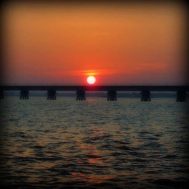 Sunset Photograph, Gulf of Mexico Print, Gulf Coast Wall Art, Sun Photograph, Railroad Bridge Art, Ocean Springs Photo, Orange Blue Photo image 5