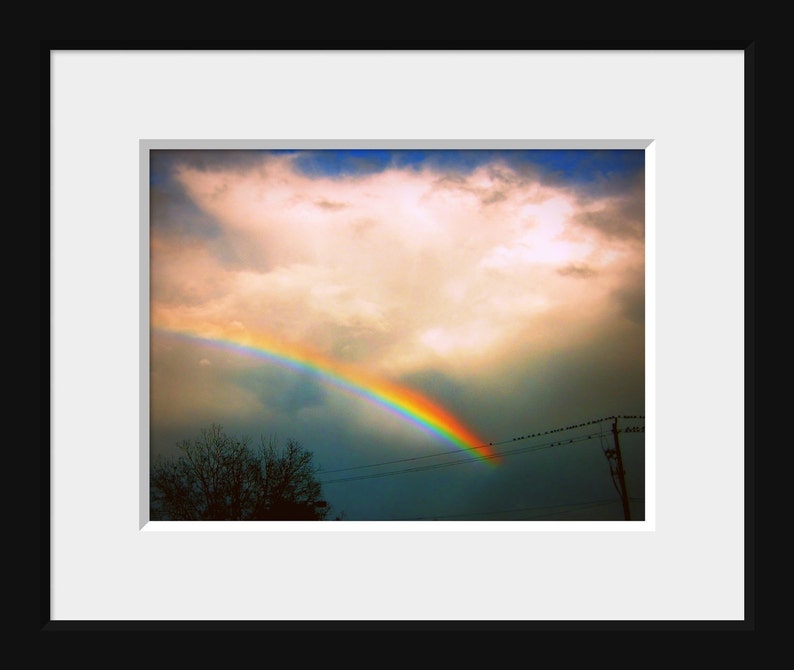 May include: A vibrant rainbow arches across a cloudy sky, with a few birds flying overhead. The rainbow is a symbol of hope and new beginnings.