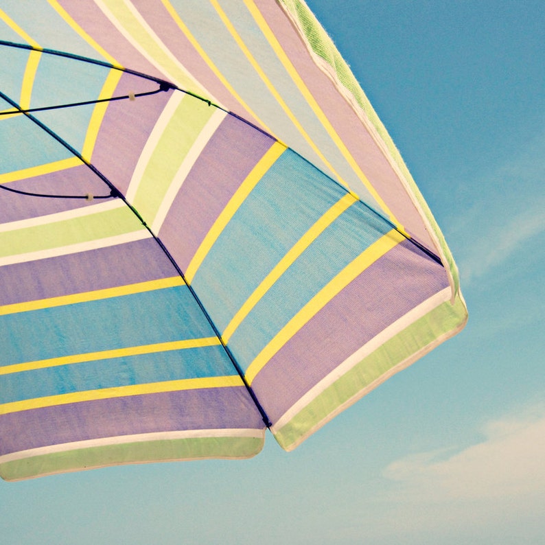 Beach Umbrella Photo, Beach House Decor, Nursery Wall Art, Blue Purple Green Yellow, Pastel Photo Print, Summer Photograph, Beach Photograph image 6