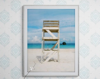 Lifeguard Chair Photo, Beach Photograph, White Sand Blue Water, Bermuda Beach Photo, Peaceful Photograph, Coastal Photo, Beach House Decor