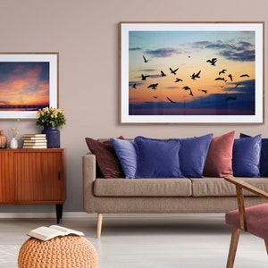 May include: A living room interior with a brown sofa, two blue pillows, a red pillow, and a red armchair. There are two framed pictures on the wall, both depicting a sunset sky with birds flying. A wooden cabinet with a sliding door is in the foreground.