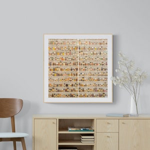 May include: A framed photograph of a wall of small glass jars filled with various spices and herbs. The jars are arranged in rows and columns, creating a visually appealing pattern. The photograph is in a light wood frame and is hanging on a white wall.