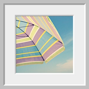 Beach Umbrella Photo, Beach House Decor, Nursery Wall Art, Blue Purple Green Yellow, Pastel Photo Print, Summer Photograph, Beach Photograph image 7