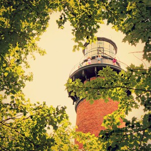 May include: A red brick lighthouse with a black metal roof and a white railing. People are standing on the top of the lighthouse, looking out at the ocean. The lighthouse is surrounded by green trees.