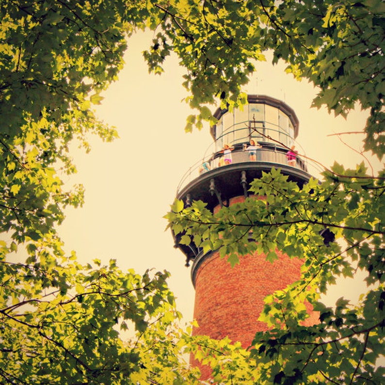 May include: A red brick lighthouse with a black metal roof and a white railing. People are standing on the top of the lighthouse, looking out at the ocean. The lighthouse is surrounded by green trees.
