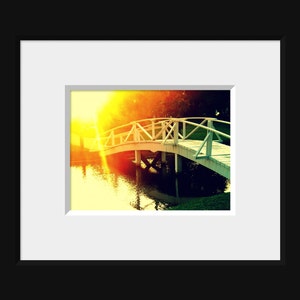 Inspiring Photograph, Bright Sunlight Photo, Yellow Orange Green White, Bridge Photograph, Pond Bridge Photo, Crossing Over, Sun Flare Art image 3