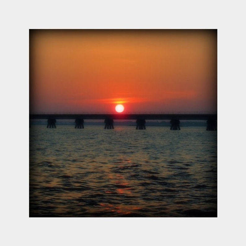 Sunset Photograph, Gulf of Mexico Print, Gulf Coast Wall Art, Sun Photograph, Railroad Bridge Art, Ocean Springs Photo, Orange Blue Photo image 2