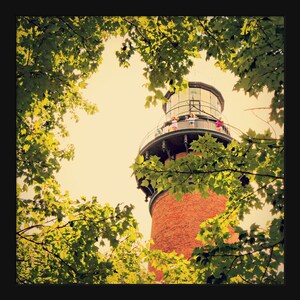 May include: A red brick lighthouse with a white railing and a black roof. The lighthouse is surrounded by green trees.