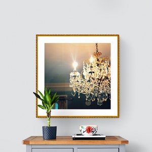 Crystal Chandelier Photo, Teal Gold White Art, Interior Design Art, Chandelier Wall Art, Square Photo Print, Antebellum Home, Light Fixture image 4