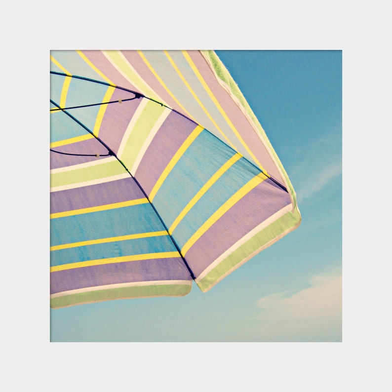 Beach Umbrella Photo, Beach House Decor, Nursery Wall Art, Blue Purple Green Yellow, Pastel Photo Print, Summer Photograph, Beach Photograph image 2
