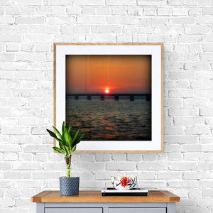 Sunset Photograph, Gulf of Mexico Print, Gulf Coast Wall Art, Sun Photograph, Railroad Bridge Art, Ocean Springs Photo, Orange Blue Photo image 1