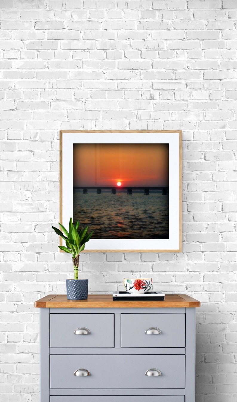 Sunset Photograph, Gulf of Mexico Print, Gulf Coast Wall Art, Sun Photograph, Railroad Bridge Art, Ocean Springs Photo, Orange Blue Photo image 1