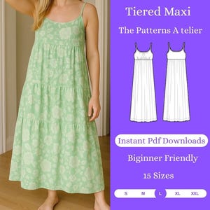May include: A digital download pattern for a tiered maxi dress. The pattern is available in 15 sizes, from S to XXL. The pattern is beginner friendly and includes instructions for sewing the dress. The image shows a model wearing a green floral maxi dress.