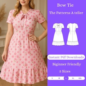 Kleid mit Fliege PDF Schnittmuster - Rosa gepunktetes Kleid mit Blumenmuster Digital Pattern - Kleid mit Puffärmeln und Rüschensaum -Größe S-XXL - Instant Download