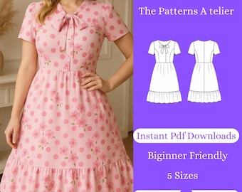 Bow Tie Dress PDF Sewing Pattern - Pink Polka Dot Floral Dress Digital Pattern - Puff Sleeve Ruffle Hem Dress -Size S-XXL - Instant Download