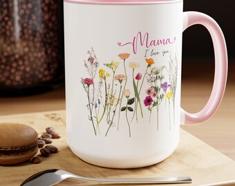 Zweifarbige Kaffeetasse, 15oz, Blumentasse, Mama-Tasse, Blumen-Mama, Muttertagstasse, weiße und rosa Mama-Tasse, Mama-Tasse, glückliche Mama, Mama-Geschenk