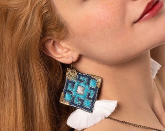 Handmade Turquoise Tassel Earrings: Boho Cotton Dangle Jewelry