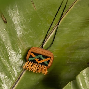 Unique Wooden Pendant, Handmade Wooden Necklace, Ethnic Jewellery, Minimalist Necklaces, Cultural Gift, Zigzag Patterns, Kilim & Walnut Art