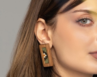 Kilim Rose Garden Wooden Earrings: Boho Walnut Art Studs