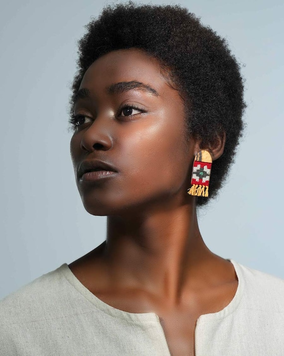 Kilim Wooden Earrings: Saffron Dome, Walnut Boho Dangles