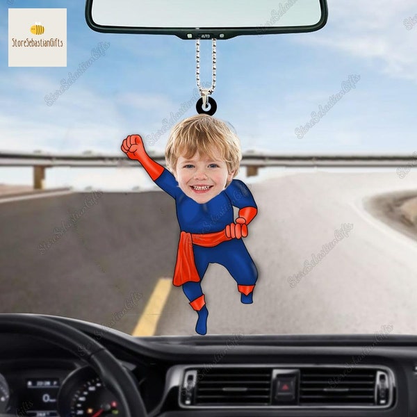 Personalized Photo Superhero Car Ornament, Baby Car Accessories, Photo Car Ornament, Car Interior Decor, Father's Day Gift, Gift For Mom