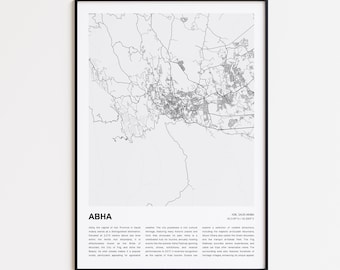 アブハ地図プリント、アブハ旅行地図、アブハ壁装飾アート、アブハ・アシール、新築祝いのギフト地図ポスター