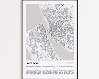 Liverpool karta tryck, Liverpool resekarta, Liverpool väggdekoration konst, Liverpool England, inflyttningspresent