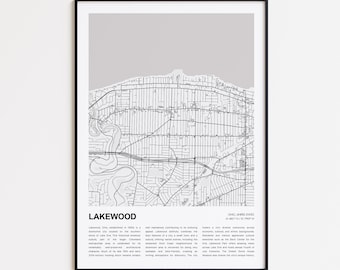 レイクウッドの地図プリント、レイクウッドの旅行地図、レイクウッドの壁飾りアート、オハイオ州レイクウッド、新築祝いのギフト