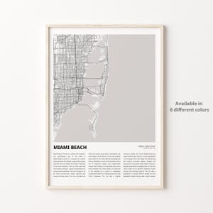 Miami Beach-kaartafdruk, Miami Beach-reiskaart, Miami Beach-muurdecoratiekunst, Miami Beach, Florida, housewarmingcadeau
