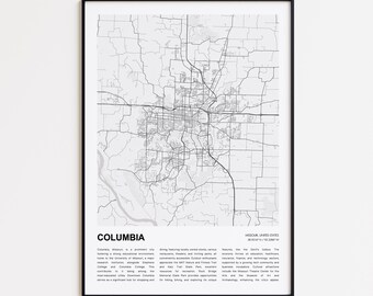 Columbia Map Print, Columbia Travel Map, Columbia Wall Decor Art, Columbia Missouri, Housewarming Gift