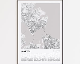 Hampton Map Print, Hampton Travel Map, Hampton Wall Decor Art, Hampton Virginia, Housewarming Gift