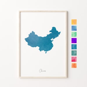 Carte aquarelle de Chine, impression pastel de Chine, art minimaliste de la Chine, art mural de la Chine, impression de carte de la Chine, cadeau de pendaison de crémaillère, carte du pays de la Chine