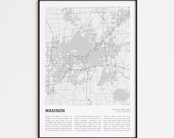 Stampa della mappa di Madison, mappa turistica di Madison, decorazioni murali di Madison, Madison, Wisconsin, regalo di inaugurazione della casa